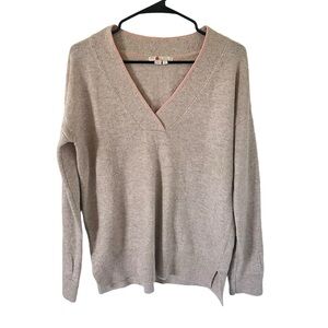 Boden Tan with Pink Trim Wool Blend V Neck Sweater
